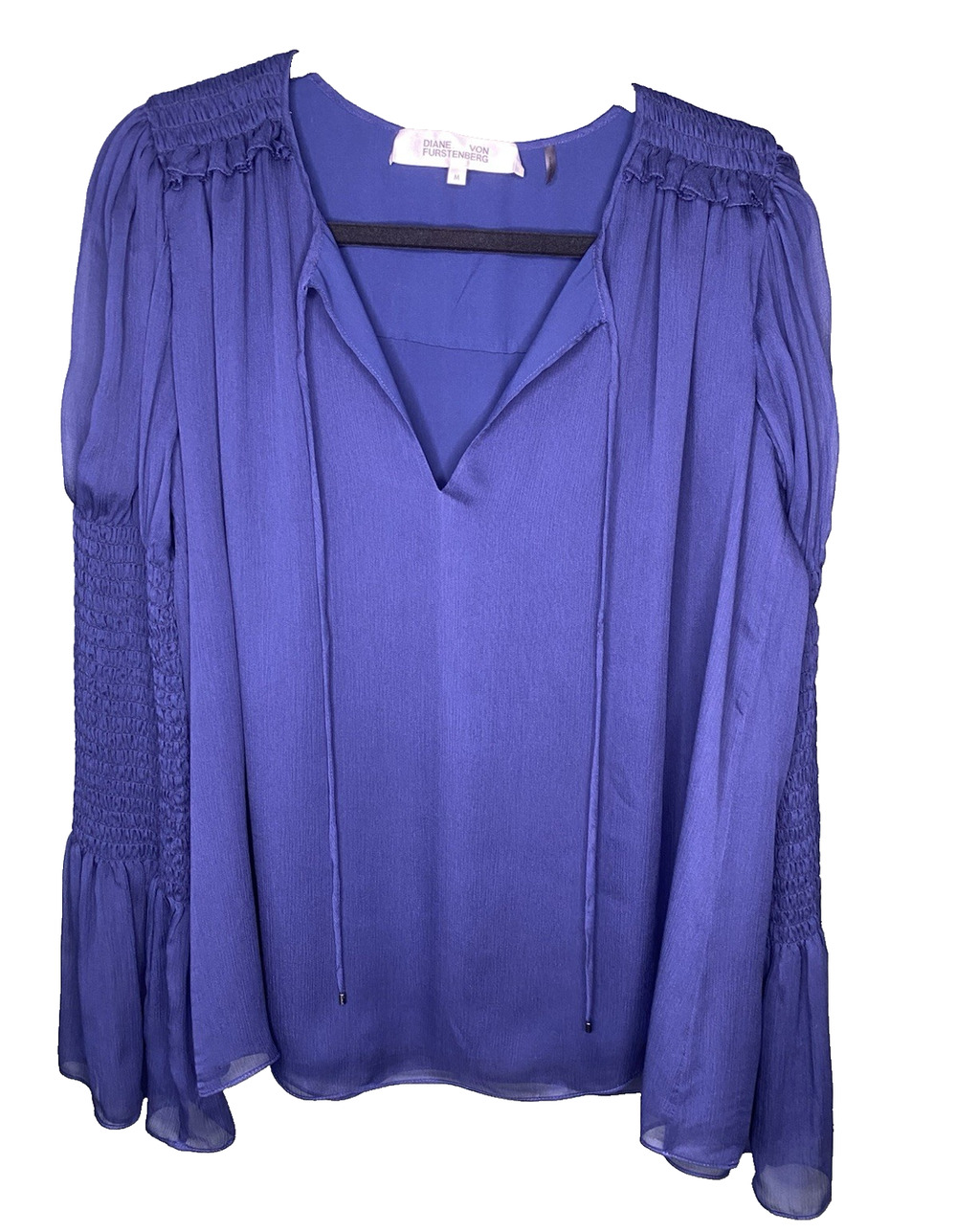 Diane Von Furstenberg Blouse Womens Medium Navy Blue Shirt Career Dark Romantic